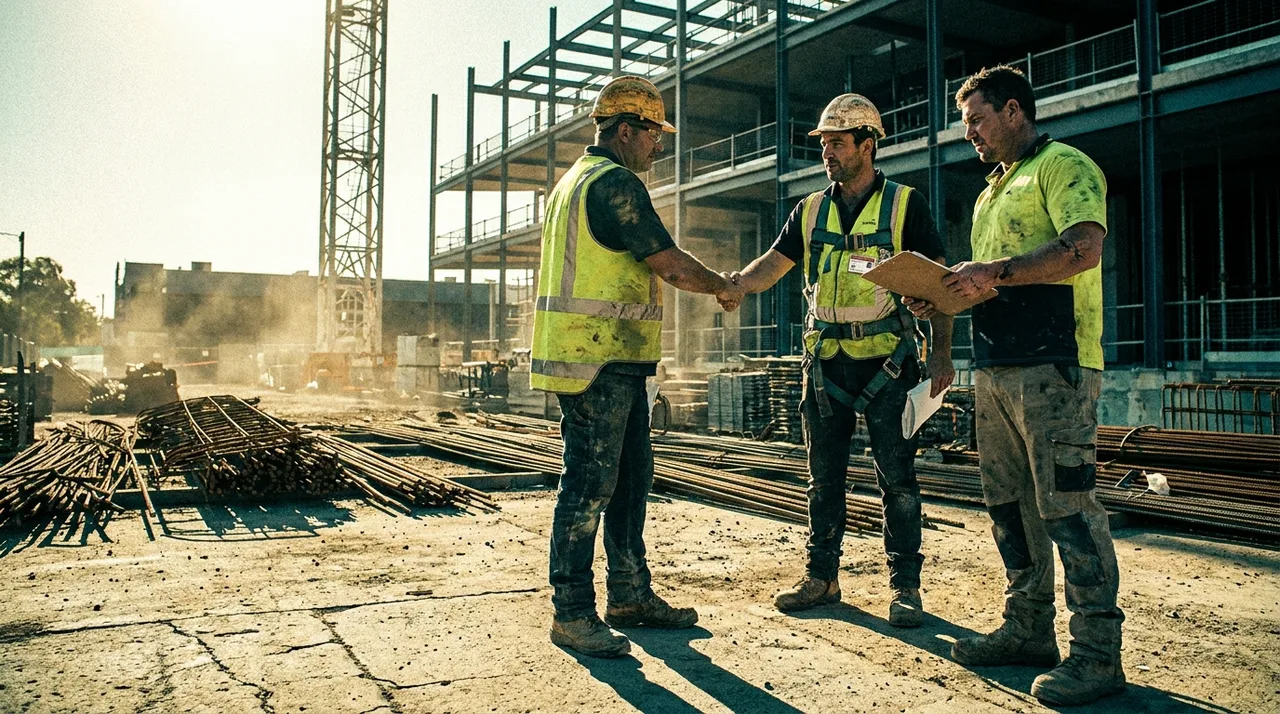 Skilled labourers completing site induction with Sydney construction supervisor at 7am — labour hire crew on-site handoff