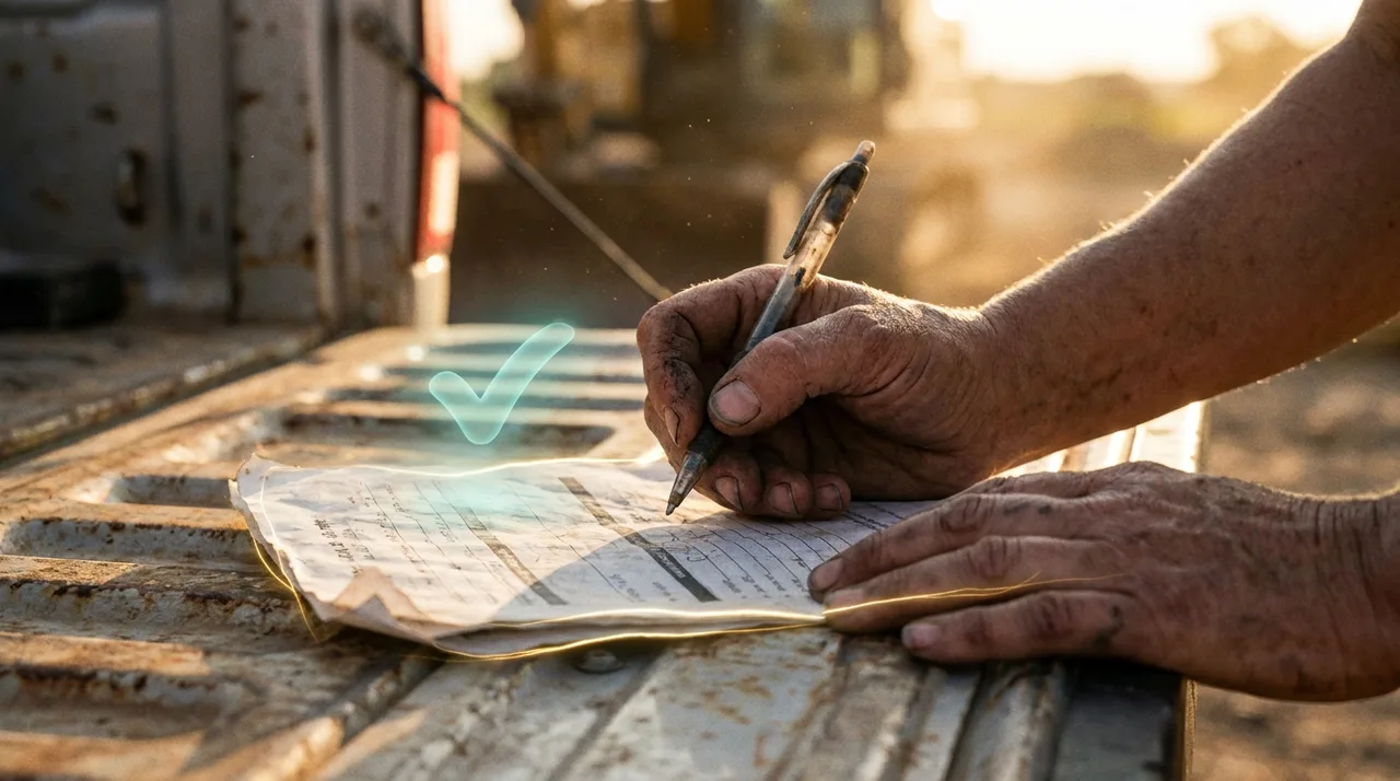 A close mid shot of a weathered female labourer's hand signing a worn paper timesheet on the tailgate of a ute at golden hour, dust and grease on her