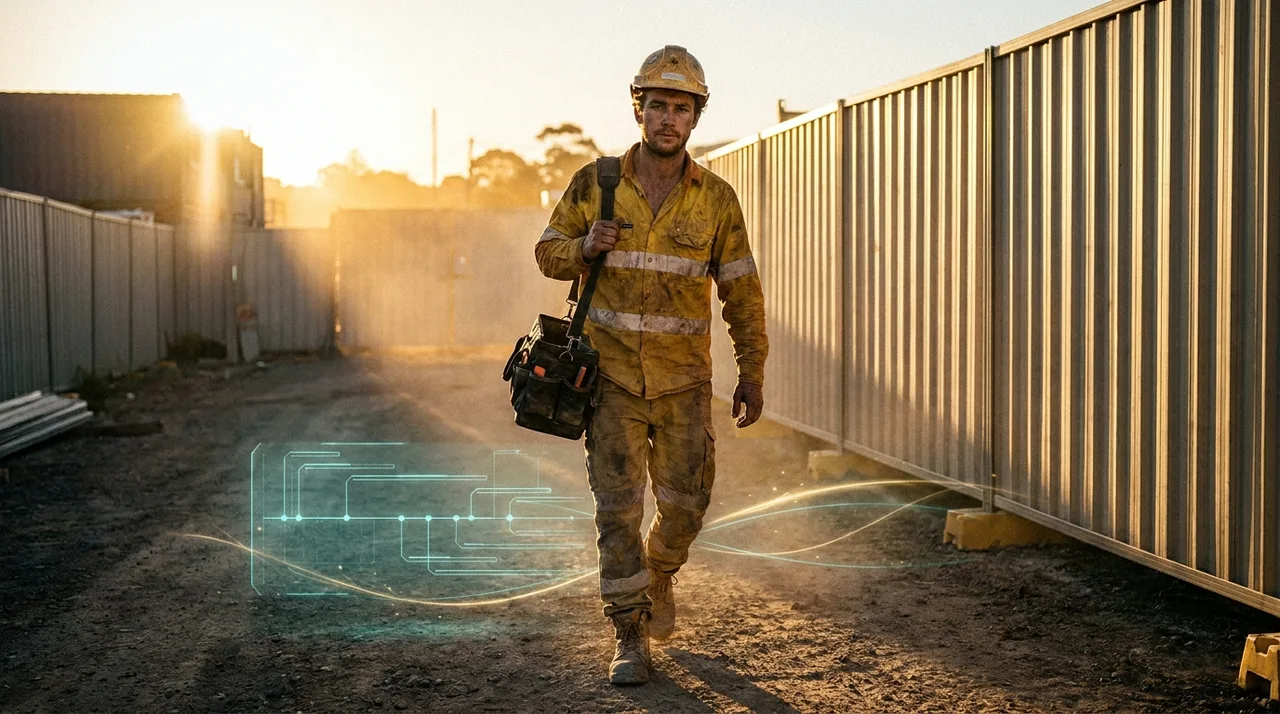 A weathered young tradie in dusty golden-yellow hi-vis arriving early at a quiet Sydney site as the sun breaks over the hoarding, long shadows across the