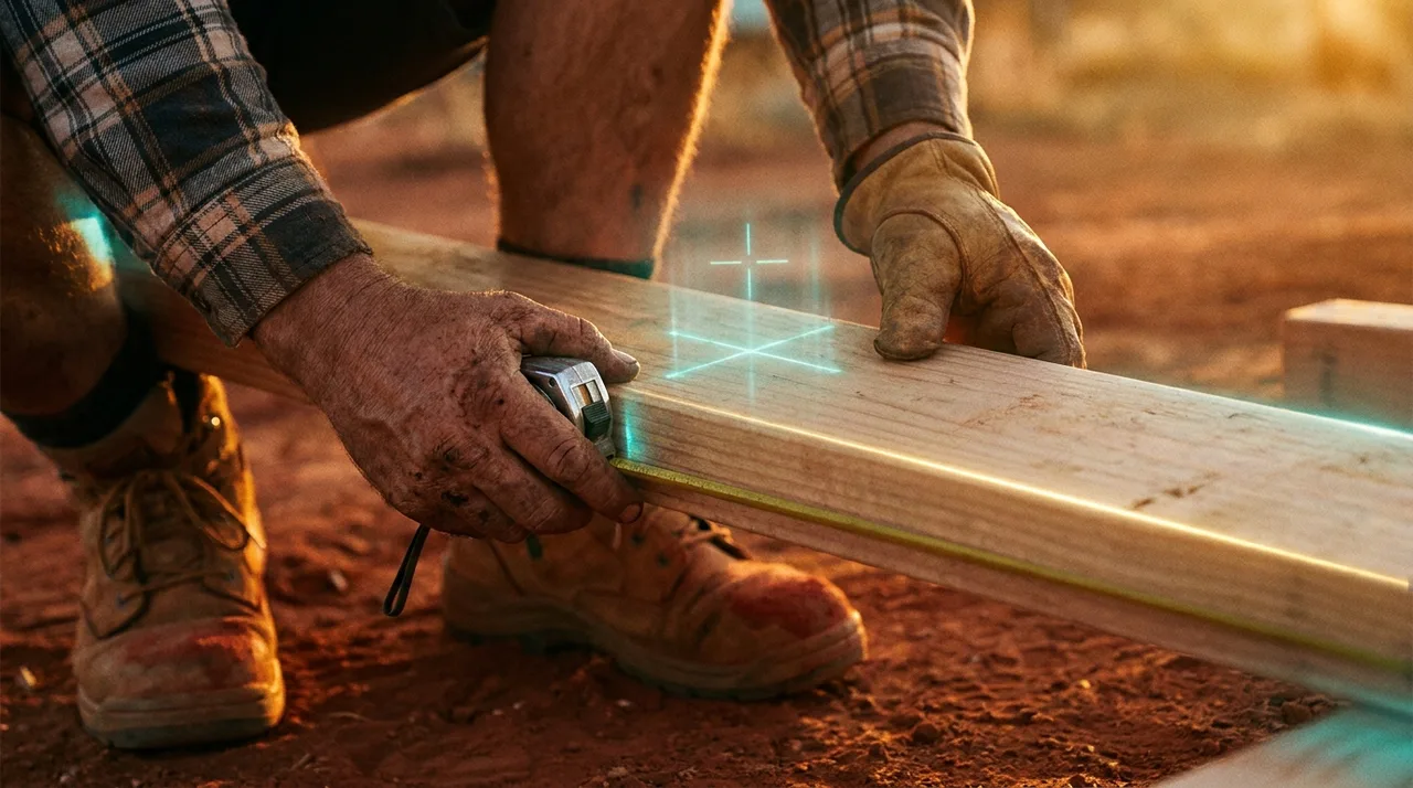 Close mid shot of a carpenter's calloused hands measuring timber on an Australian worksite at golden hour, the kind of trade work that starts the visa-to-PR timeline