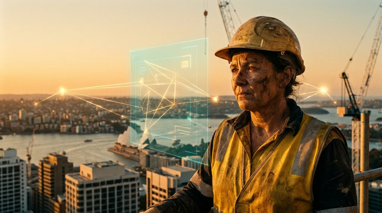 A migrant labourer in golden-yellow hi-vis on a half-built Sydney tower at golden hour, looking toward the skyline at the end of a long visa-to-PR timeline