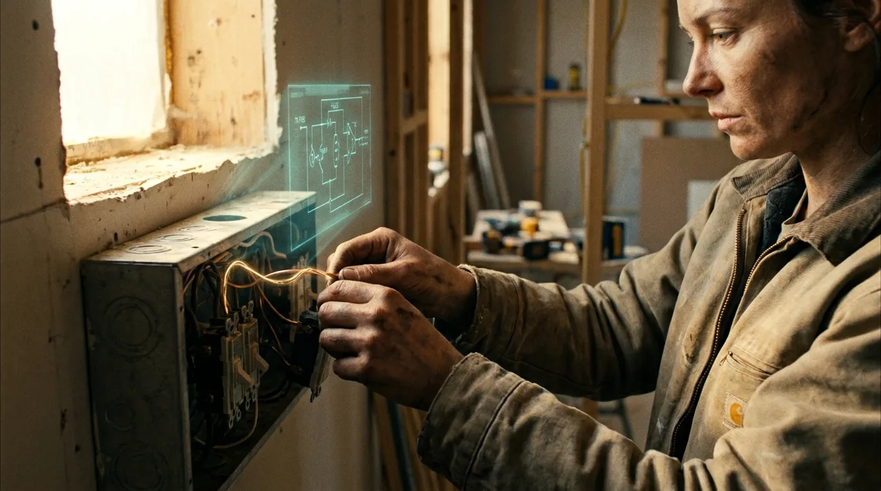 A close mid shot of a weathered female electrician's calloused hands wiring a switchboard in a Sydney fitout, copper and conduit in warm light, evidence of skill that still has to be formally assessed