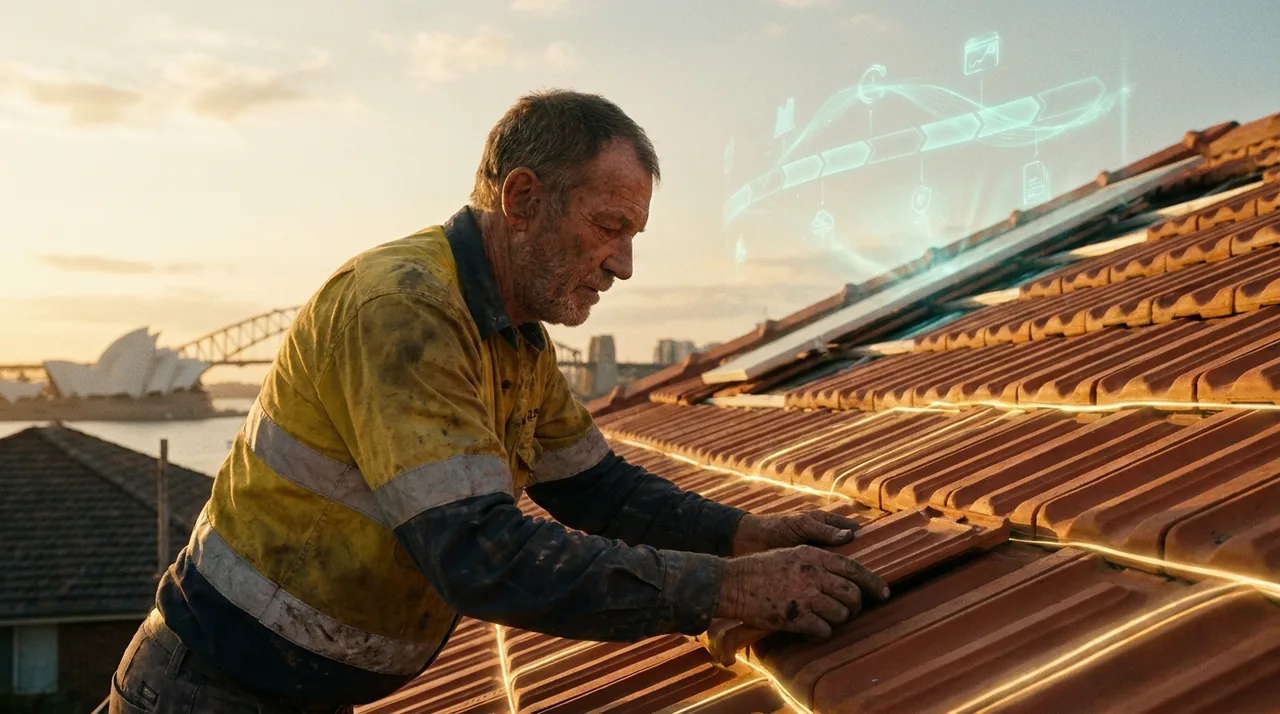 A weathered older roof tiler in dusty golden-yellow hi-vis laying tiles on a Sydney roof at golden hour with the city skyline behind