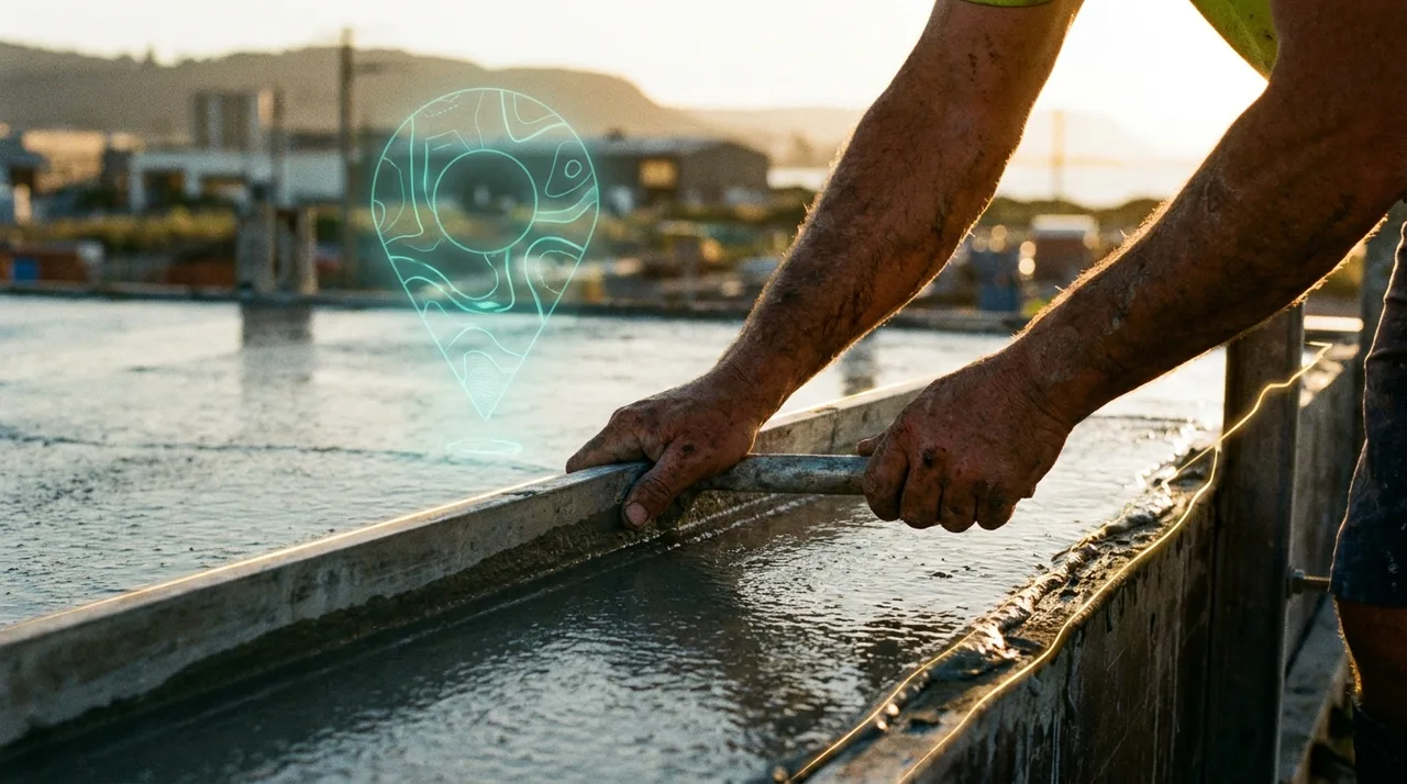 A close mid shot of a weathered male concreter's calloused hands screeding fresh concrete on a Wollongong slab at golden hour, wet sheen catching warm