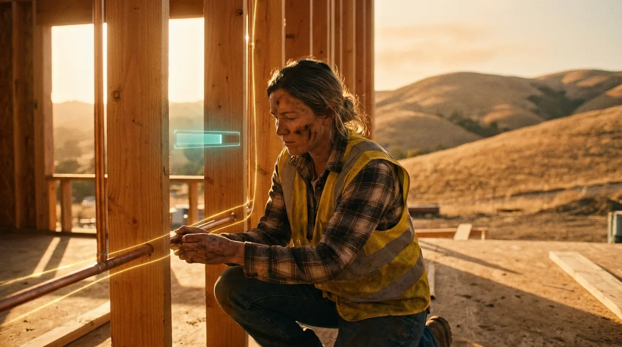A weathered female plumber in dusty golden-yellow hi-vis fitting pipe on a Central Coast build site at golden hour with low hills behind, a faint