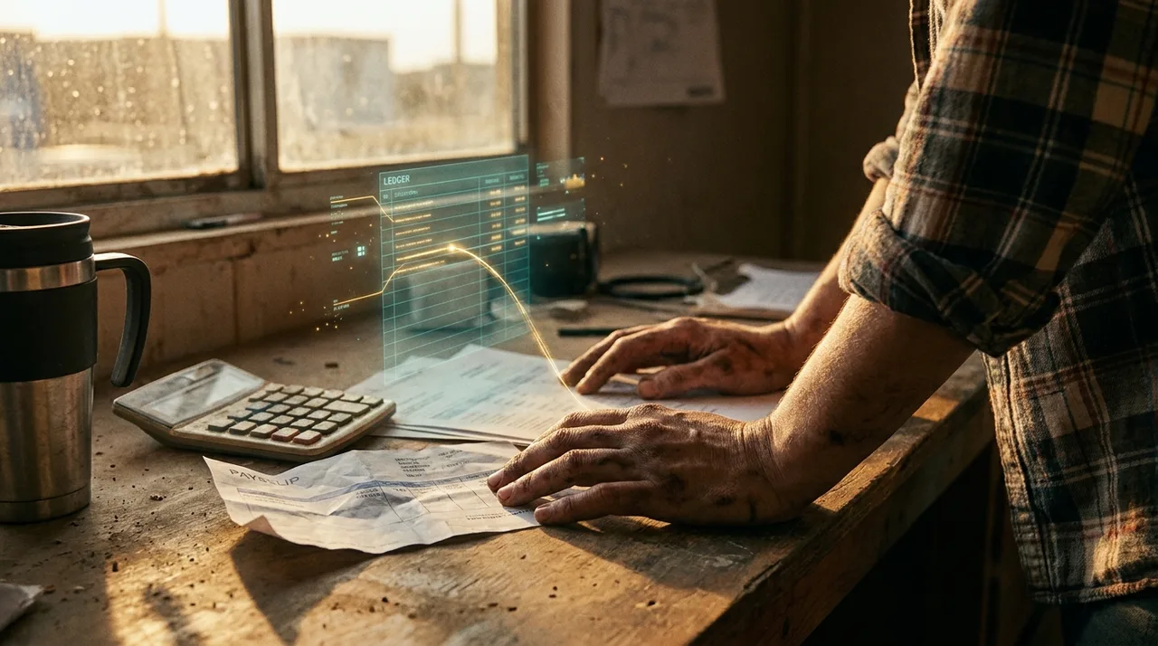 A close mid shot of a weathered female site manager's calloused hands resting beside a calculator and payslip on a dusty site desk at golden hour, a faint