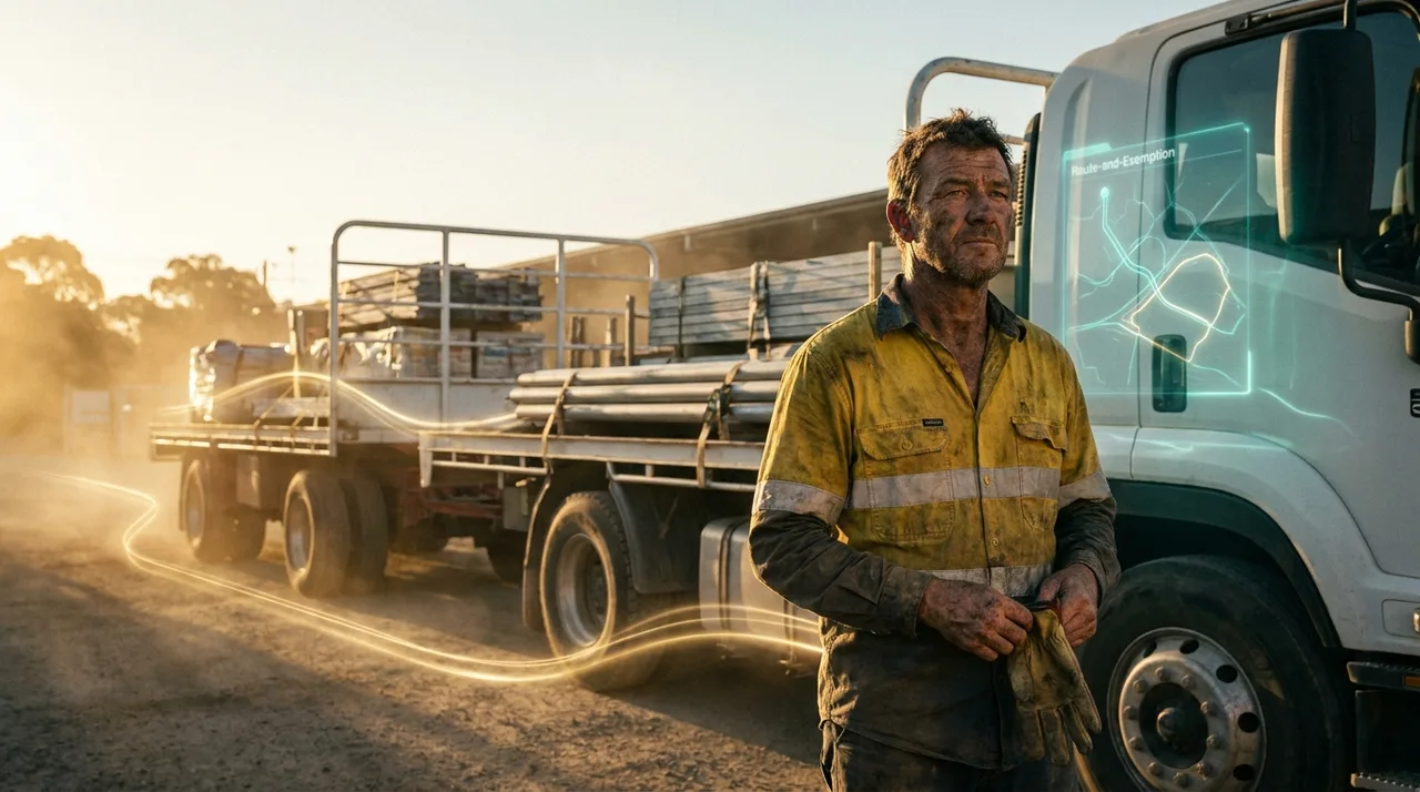 A weathered male owner-driver in dusty golden-yellow hi-vis standing beside his loaded truck at a Sydney materials yard at golden hour, a faint