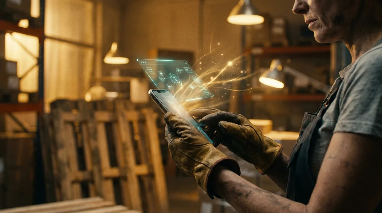 A close mid shot of a weathered female warehouse worker's calloused hands holding a phone showing a translucent teal holographic timesheet-query panel