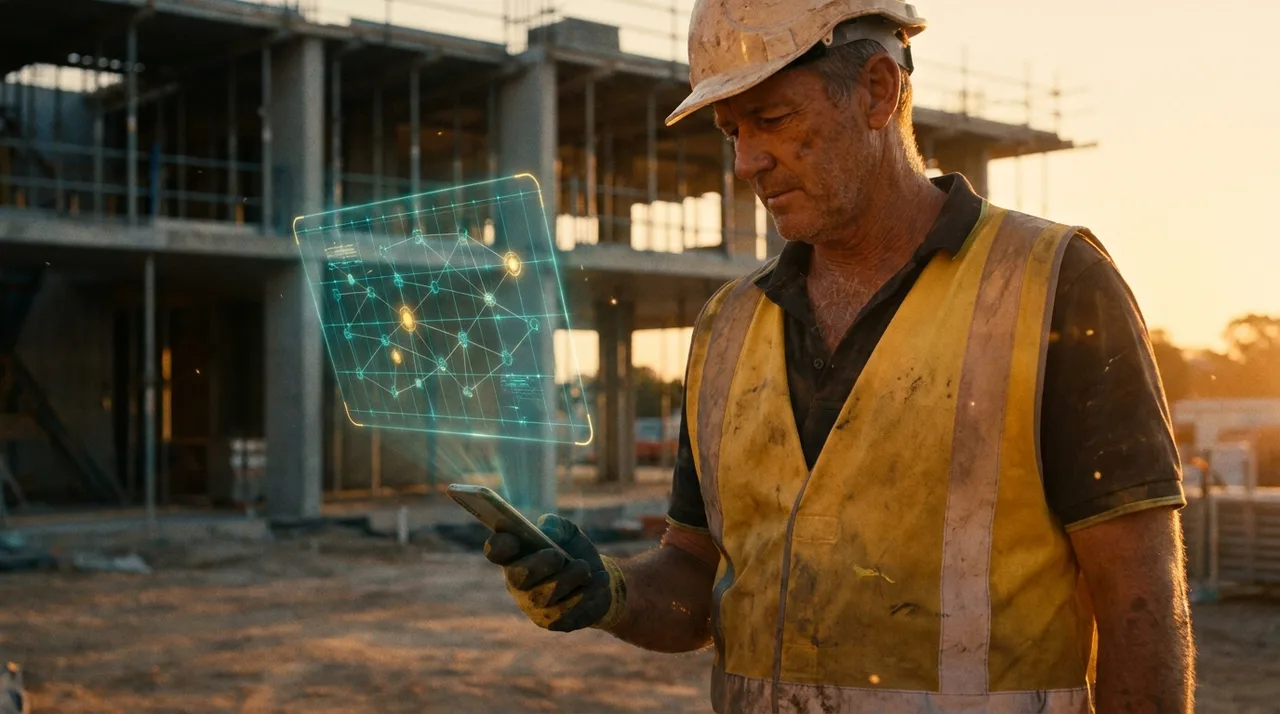A weathered Sydney site supervisor in dusty golden-yellow hi-vis at golden hour glancing at a phone as a translucent teal holographic