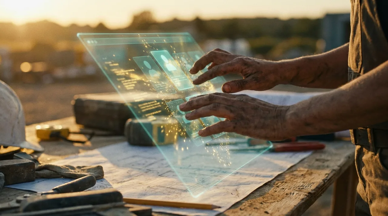 A close mid shot of a weathered female allocator's calloused hands swiping through a translucent teal holographic candidate-screening panel of glowing