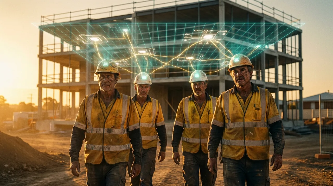 A small crew of weathered Sydney labourers in dusty golden-yellow hi-vis walking onto a site at golden hour, a translucent teal holographic verification