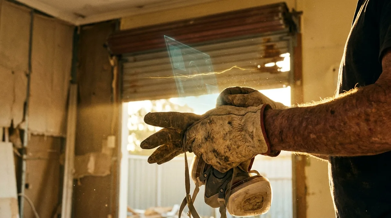 A close mid shot of an older demolition supervisor's gloved hands holding a respirator mask in a dusty Marrickville fibro teardown, a faint translucent