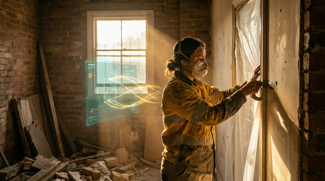 A young female demo crew member in dusty golden-yellow hi-vis and a P2 mask sealing off a containment zone with plastic sheeting in an inner-west Sydney