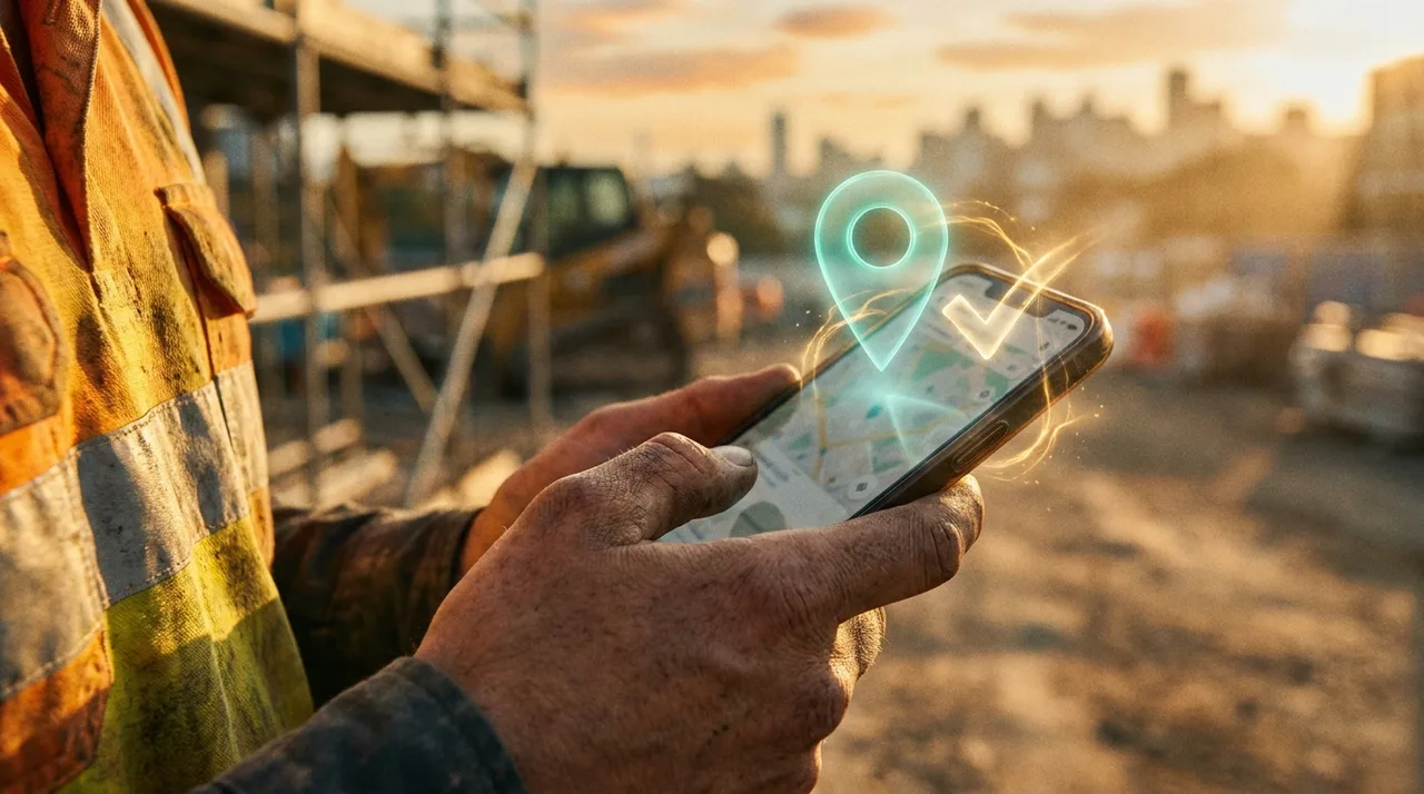 A close mid shot of a young worker's calloused thumb tapping a check-in on a phone screen on a dusty Sydney site, a translucent teal holographic GPS pin