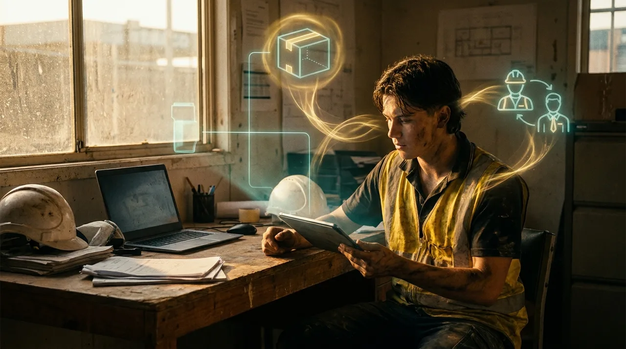 A close mid shot of a young bookkeeper in golden-yellow hi-vis at a dusty Sydney site office desk, a translucent teal holographic overhead-cost meter