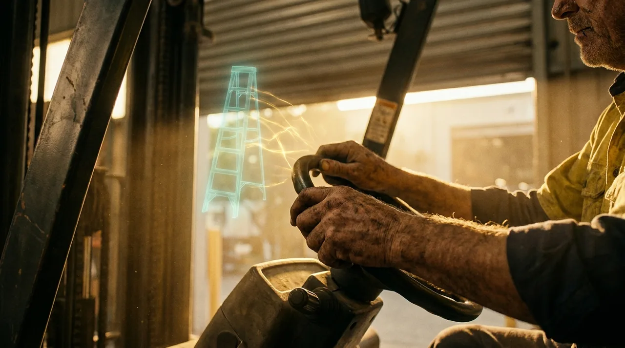 A close mid shot of an older warehouse worker's calloused hands on a forklift wheel in a dusty Sydney storage facility at golden hour, a faint translucent