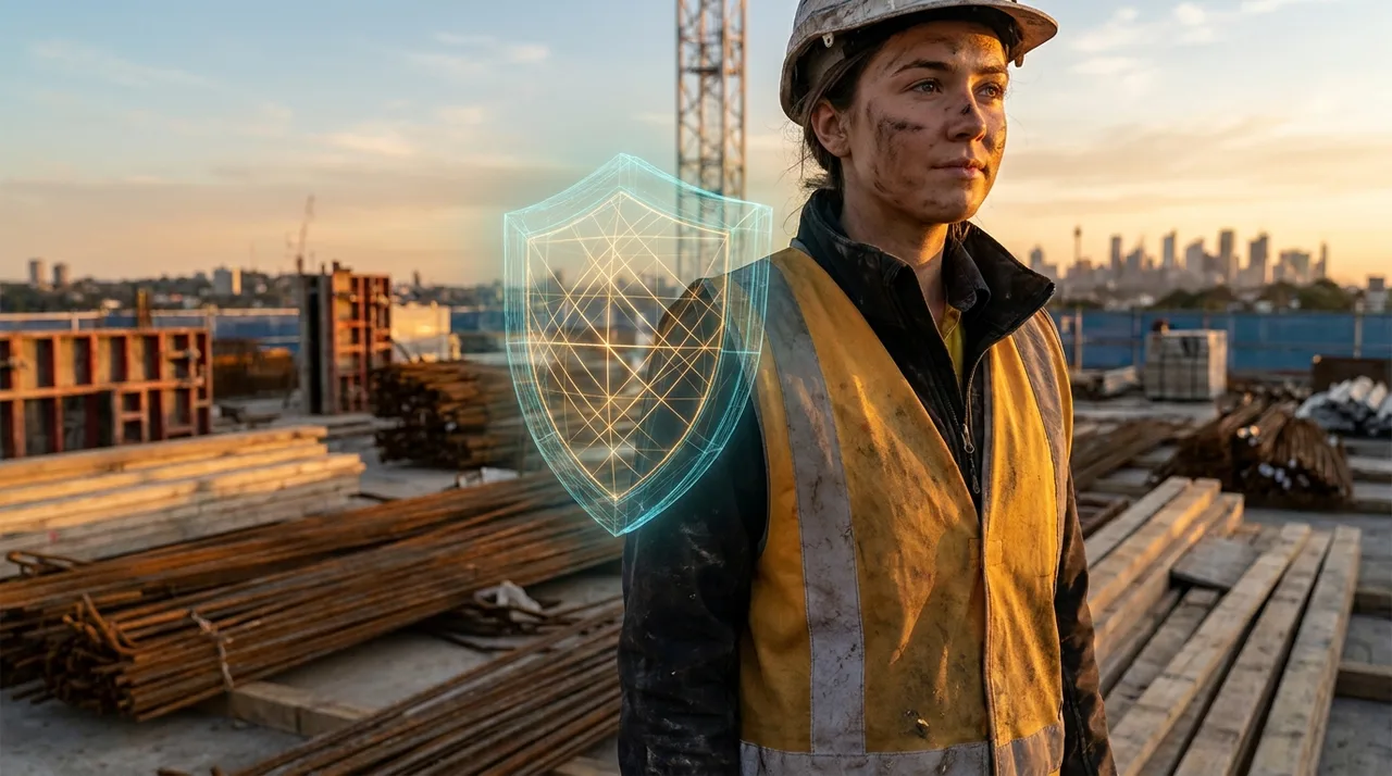 A young female labourer in dusty golden-yellow hi-vis on a Sydney site at golden hour, a faint translucent teal holographic compliance-shield wireframe