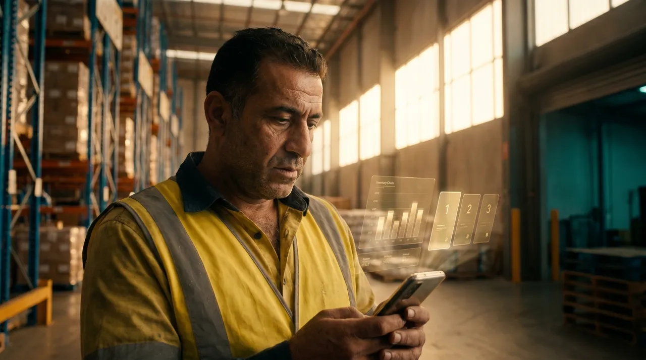 A warehouse supervisor checking night shift crew allocations on a screen during an evening shift