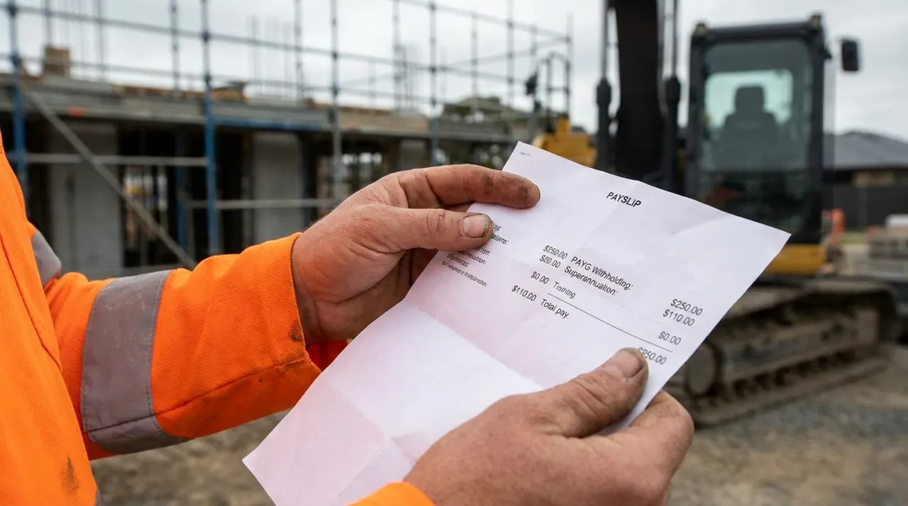A new labourer in orange hi-vis holding his first printed payslip on a Sydney site, checking tax and hours line by line