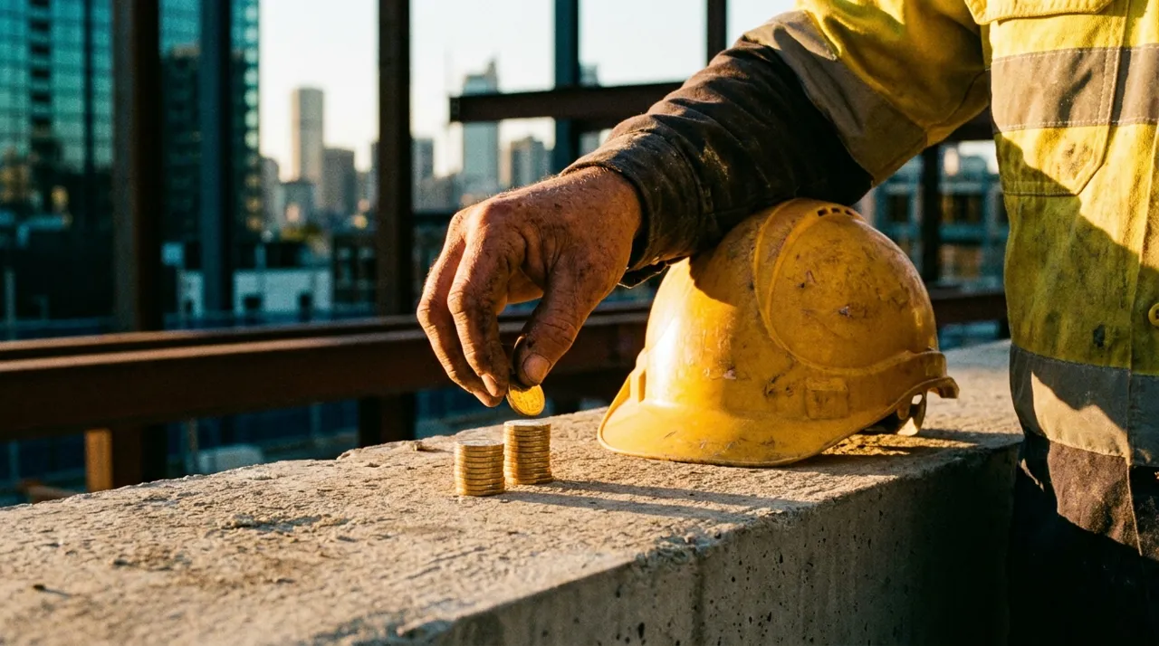 Close-up of a weathered construction worker's hand stacking material on a Sydney site, the daily reliability that a confirmed shift depends on