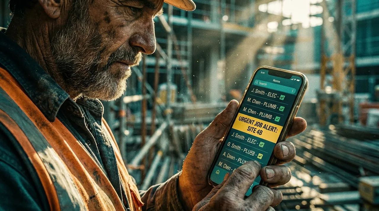 A site worker in hi vis using his phone on a Sydney construction site, the everyday way most workers now translate a label or a sign