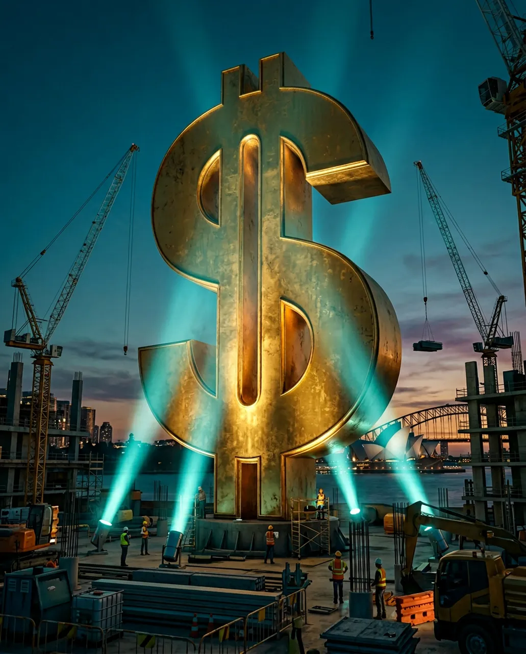 A colossal golden dollar sign with a hollow zero carved through its centre, representing the invisible cost of a worker who walks off a Sydney site without warning