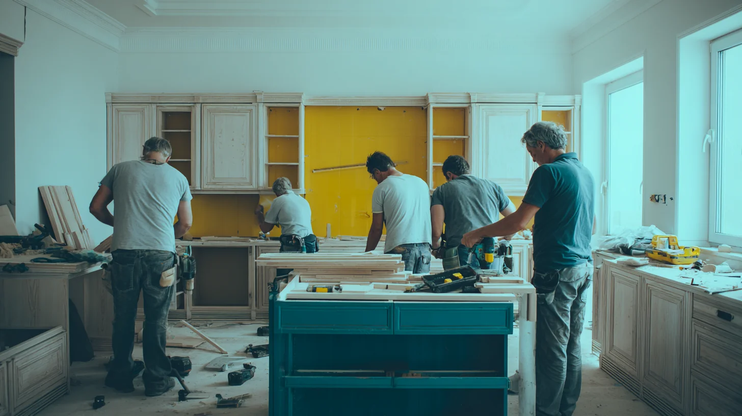 Construction crew working on site with hand tools — the human work AI does not touch