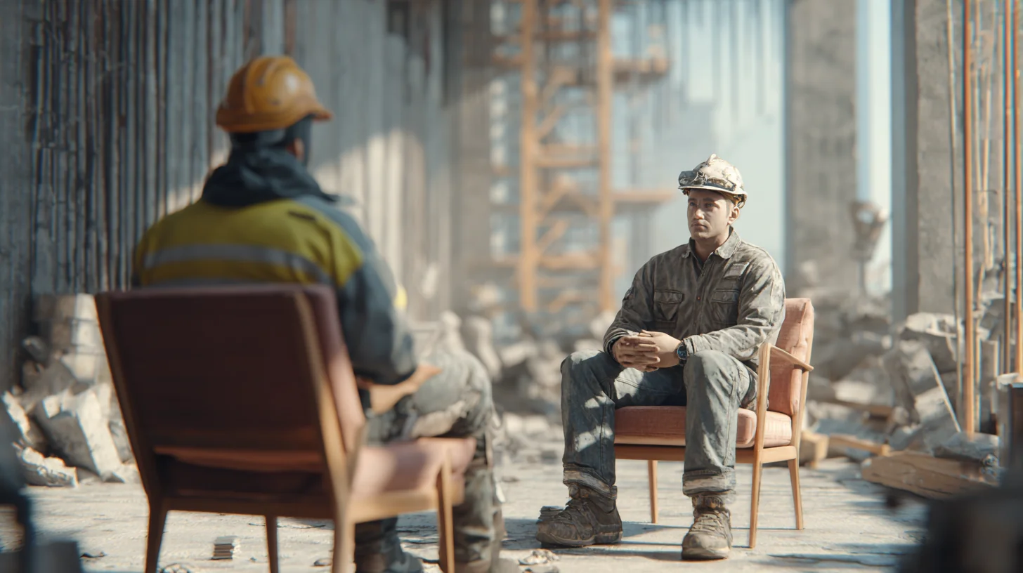 A crew seated for a site briefing — where psychosocial safety belongs, right next to the physical hazards.
