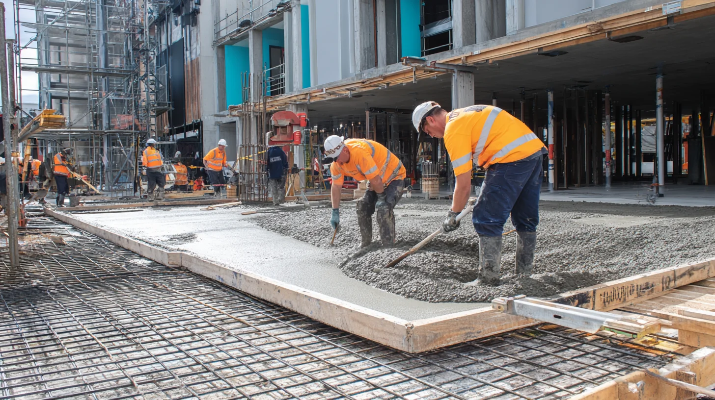 A wide shot of a Sydney construction crew working a concrete pour together at golden hour, one worker in golden-yellow hi-vis directing the others from the edge of the slab