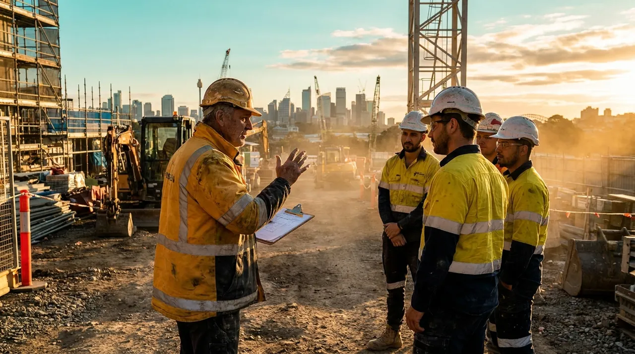 Wide shot of a full construction crew walking onto a Sydney site at the start of a shift, the outcome of a confirmed and correctly briefed booking