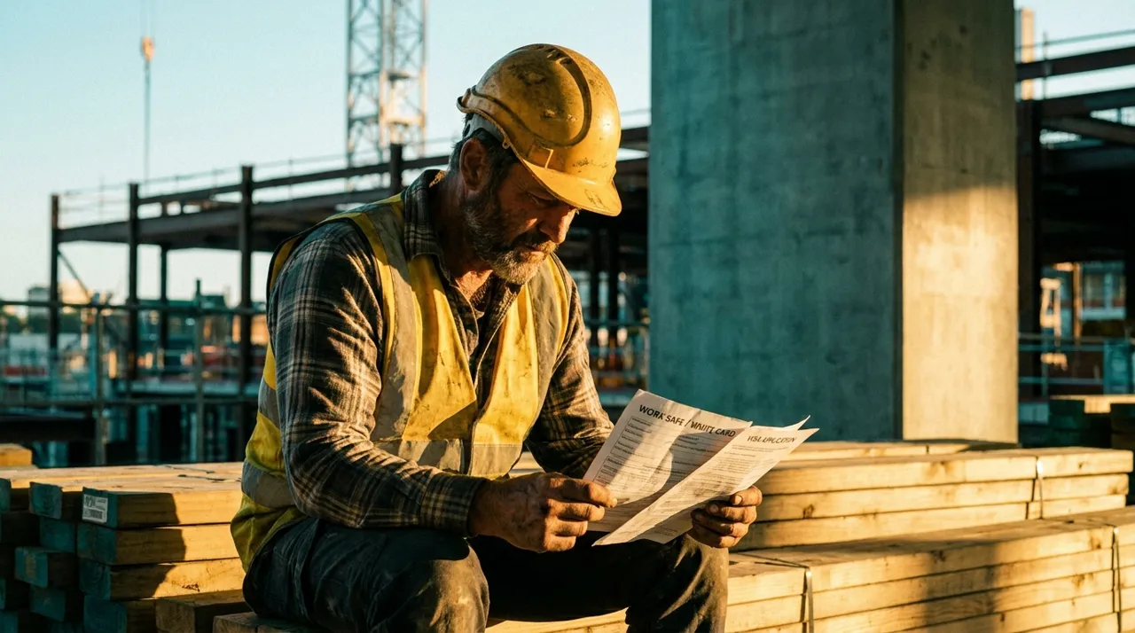 A Sydney site foreman checking a returning labourer's ticket and visa expiry dates on a clipboard