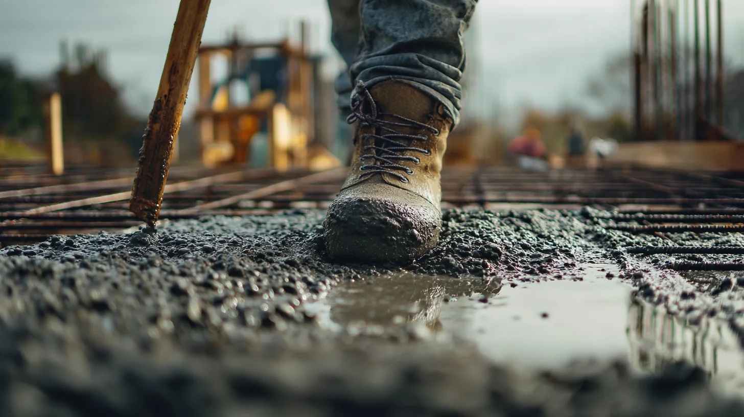 Low angle of a labourer's work boots walking through churned mud on a Sydney site, the ground-level detail a worker notices and can flag as a hazard in the toolbox talk