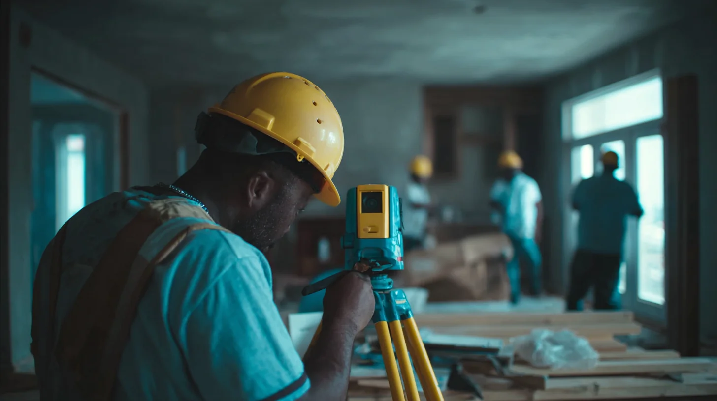 A labourer in hi-vis checking a level on a Sydney construction site while working a separate scope after a crew conflict was re-tasked