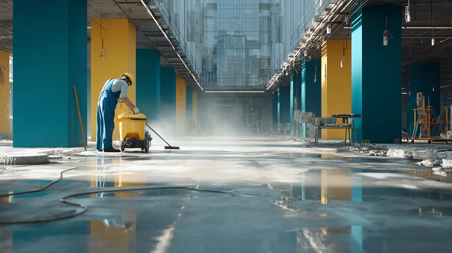 A labourer in overalls and a hard hat pressure-washing a concrete slab on an empty Sydney site, the clean-up job nobody wants