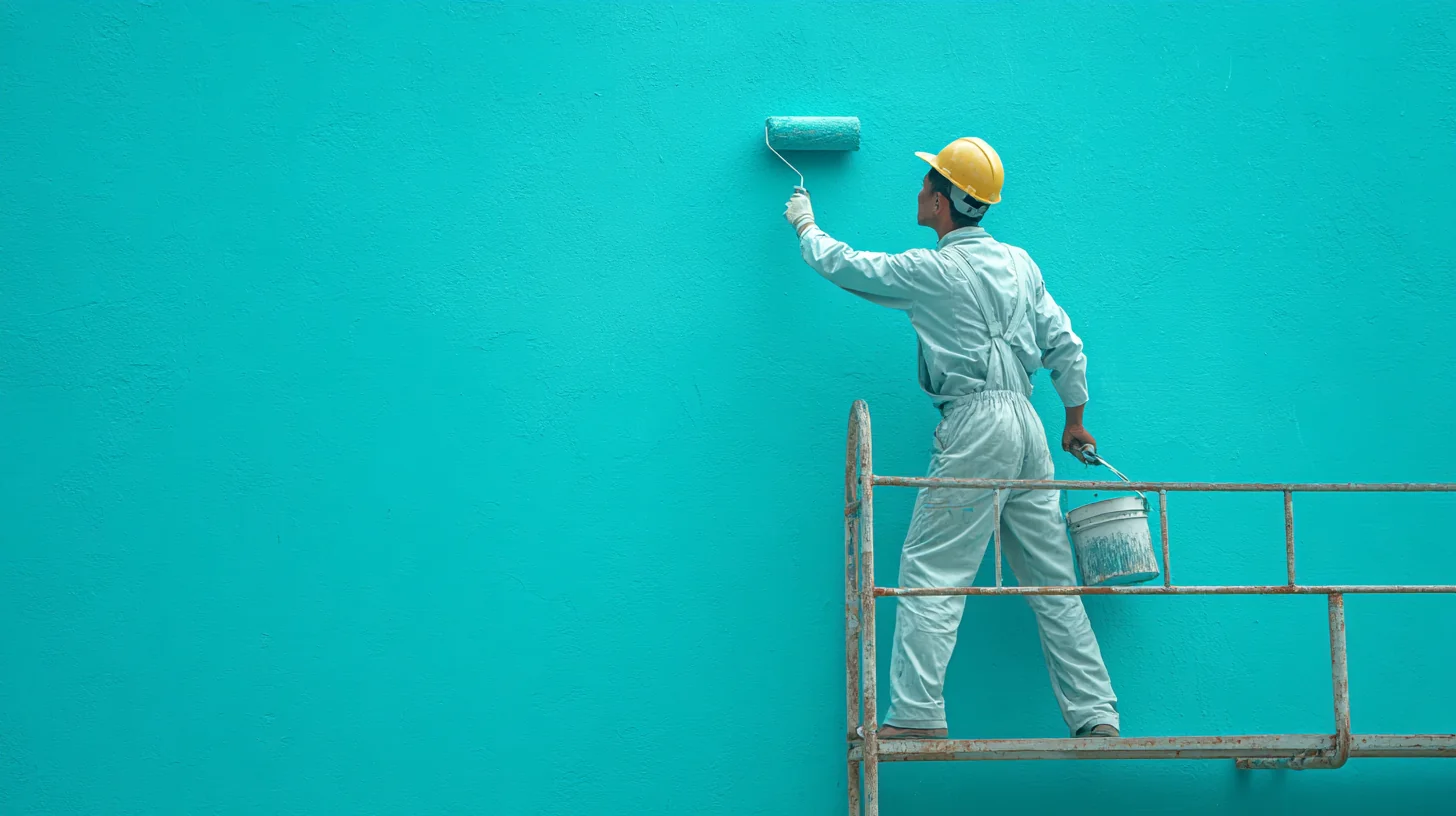 Wide shot of a construction painter working alone with a paint roller on a Sydney site, showing an agency worker separated from the permanent crew