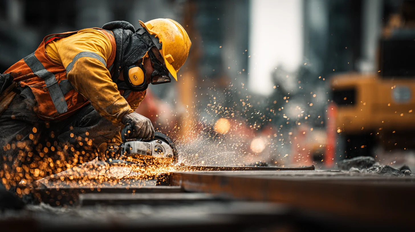 A labourer in golden-yellow hi-vis and full face shield running an angle grinder on a Sydney construction site, sparks flying, mid shot