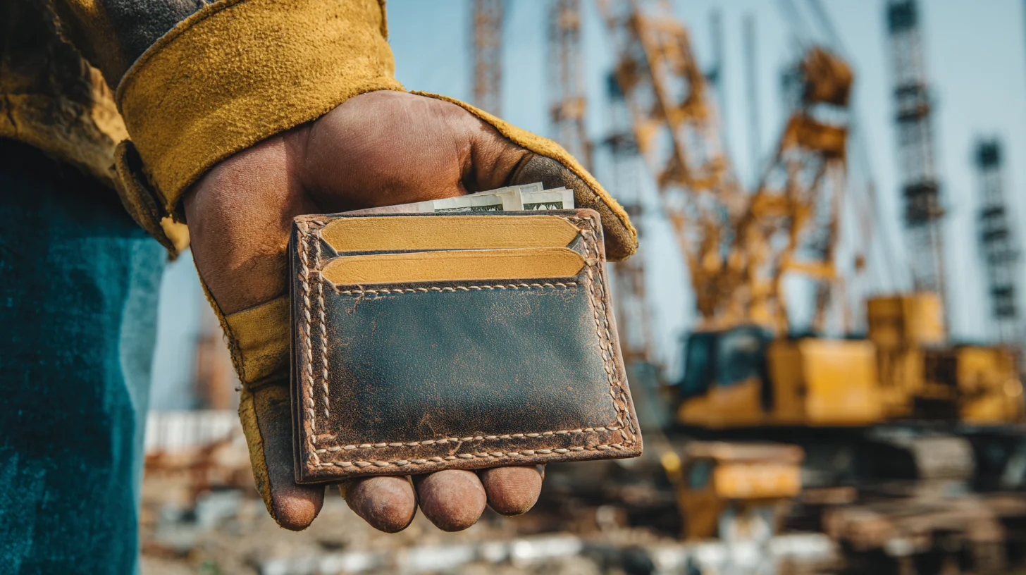 Sydney construction worker holding a wallet beside a tool belt — labour hire take-home pay detail