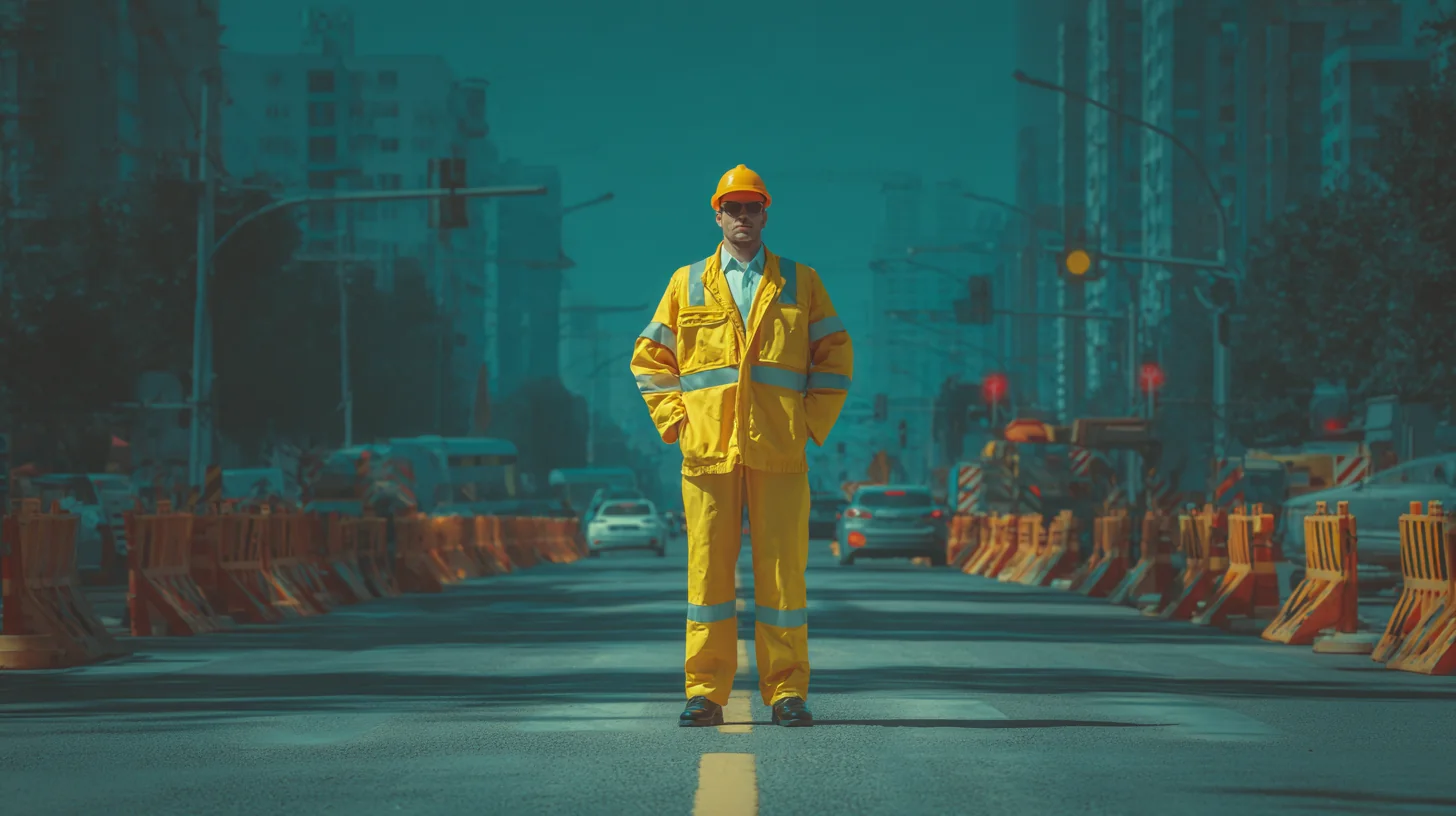 A labour hire worker in hi-vis standing on a Sydney construction site mid-shift, the moment before a site manager ends a placement