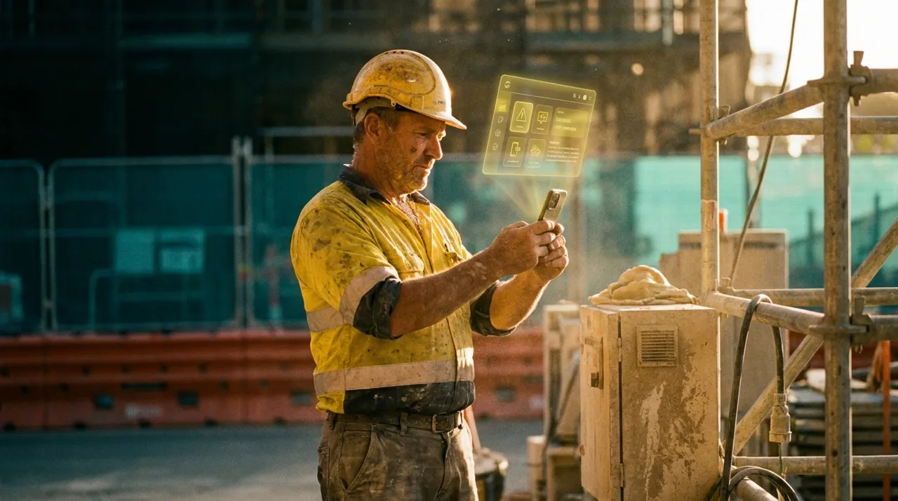 A Sydney construction worker in golden-yellow hi-vis checking his phone on site at golden hour while planning calls to labour hire agencies