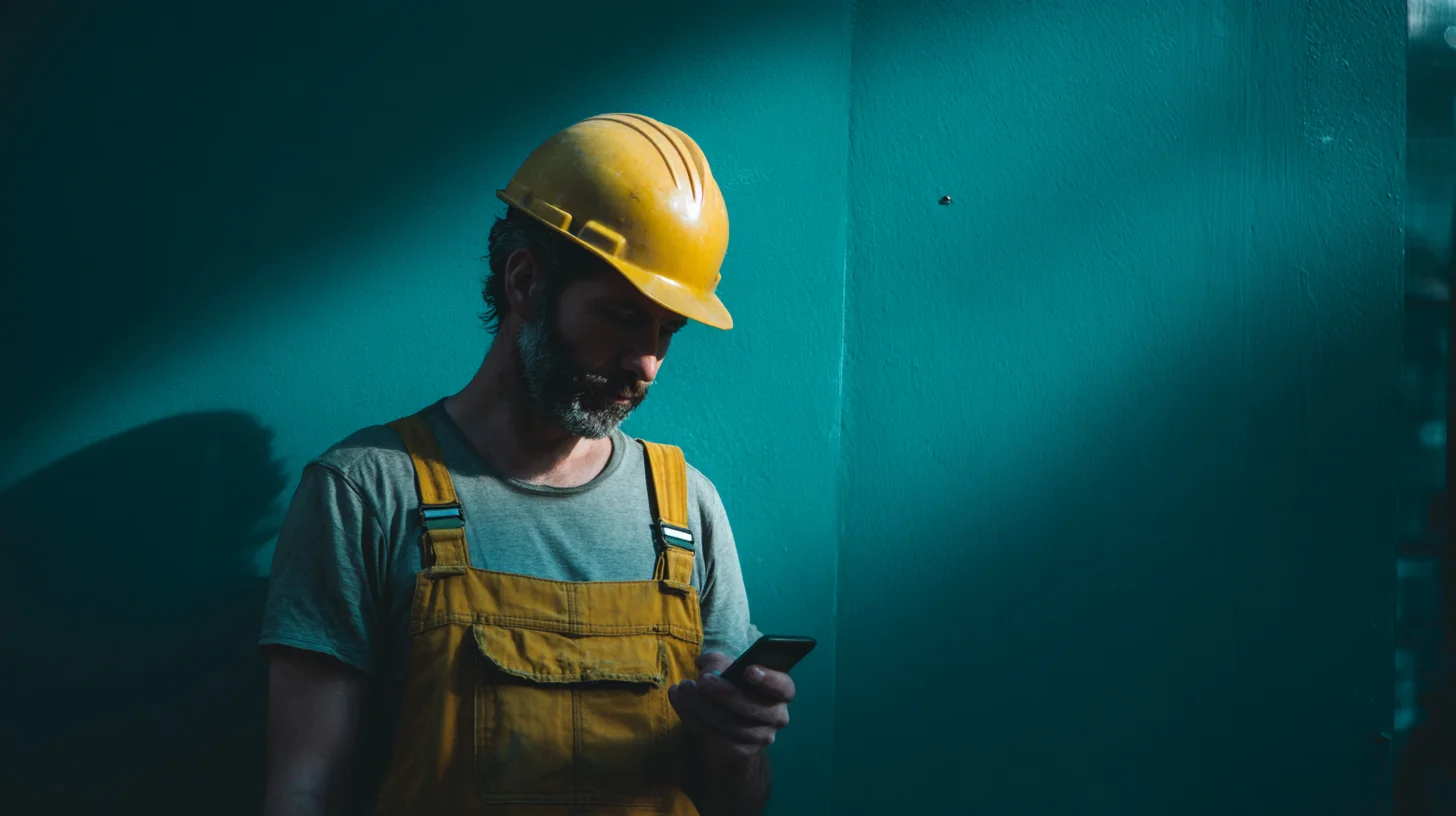 Sydney tradesman checking phone on site