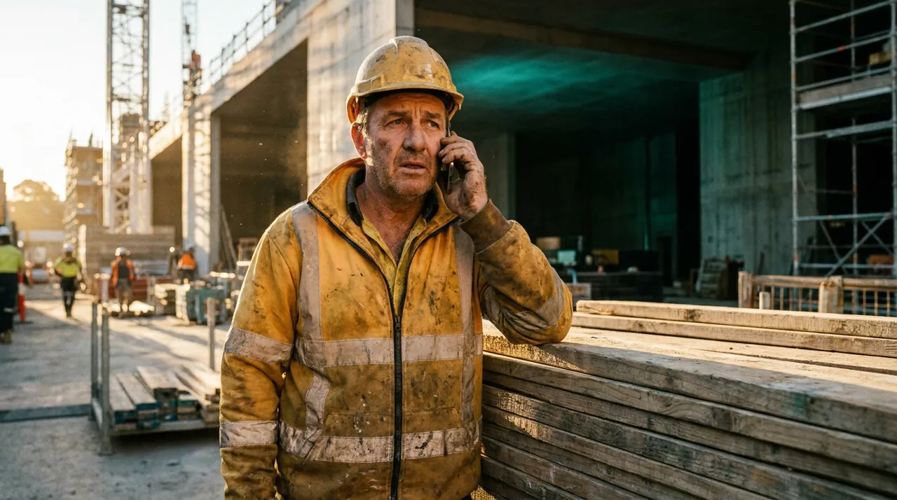 A Sydney construction supervisor making a short check-in call from site, the mid-shift call that catches a training problem on day one instead of day five