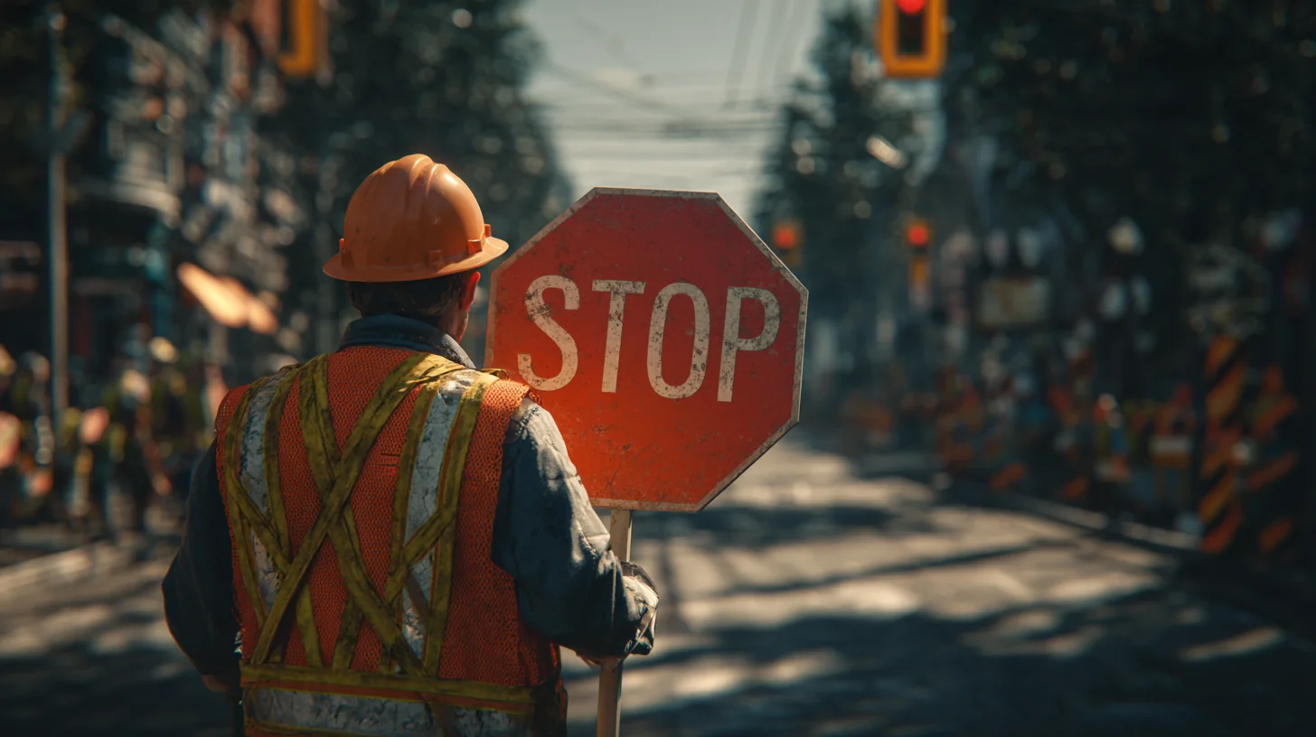 A Sydney traffic controller in hi-vis holding a stop sign in a medium shot, an example of a labour hire role where a clear site instruction has to land first time