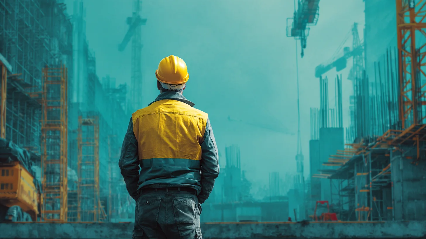 A construction worker in hi-vis seen from behind looking back at camera, the reference check moment where a past supervisor decides what to say