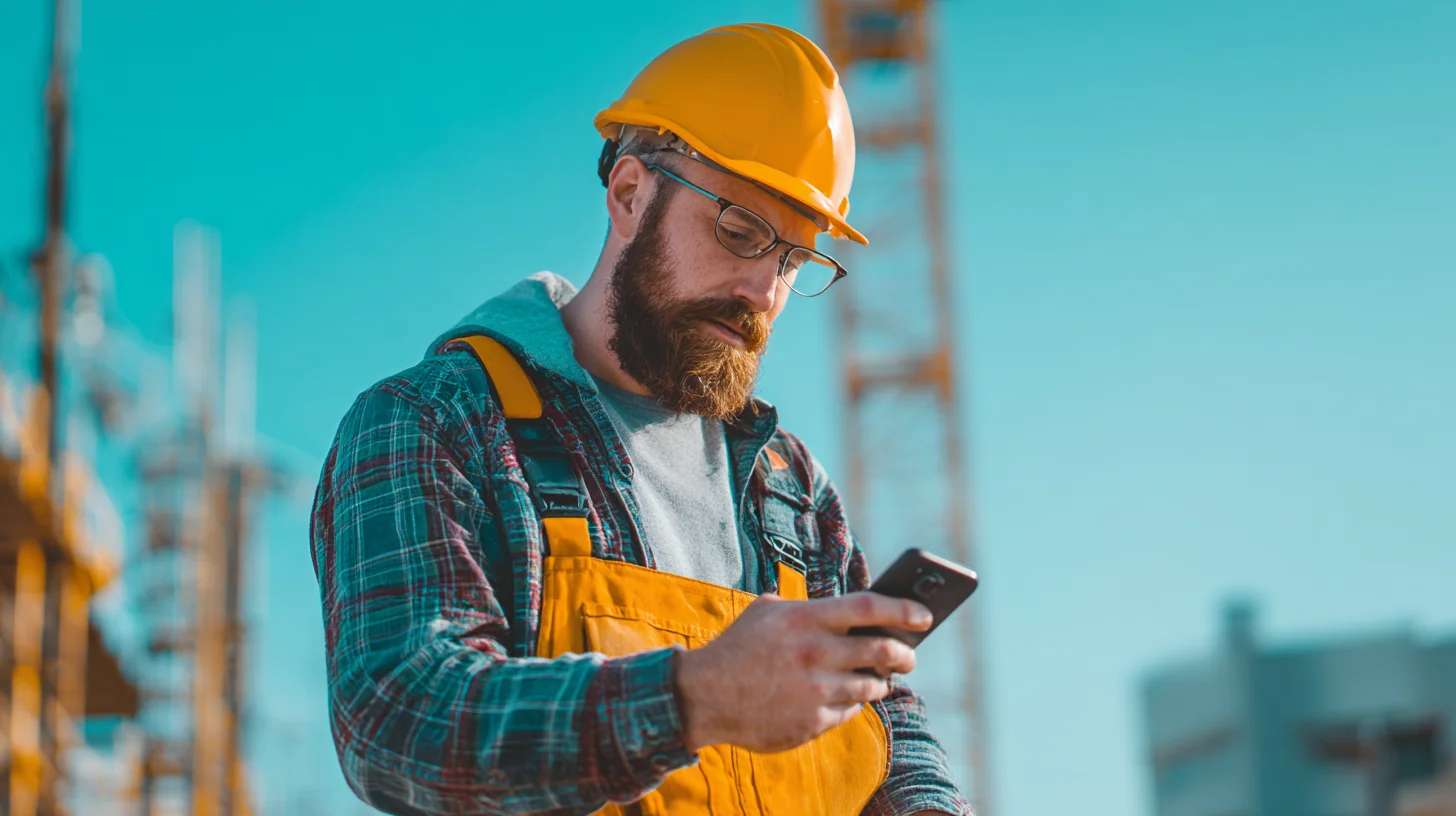 A construction worker in hi-vis checking his phone mid-shift on a Sydney site, the kind of moment supervisors read when judging a new labourer's attitude