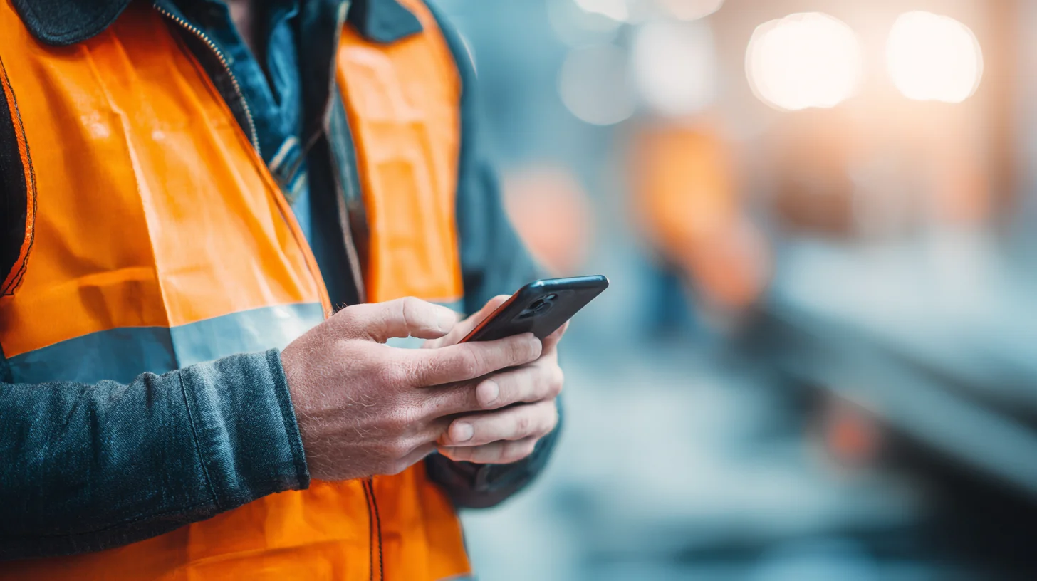 Sydney construction worker reading an after-hours message on his phone from a site supervisor