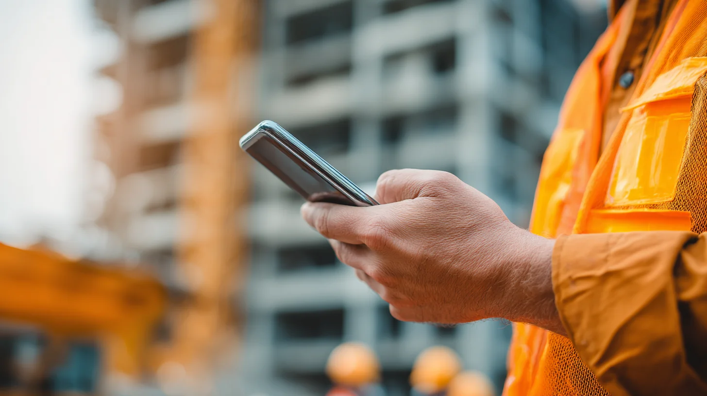 A Sydney construction worker in hi-vis stepping aside with his phone to take a quiet call away from the crew during a workplace conflict conversation