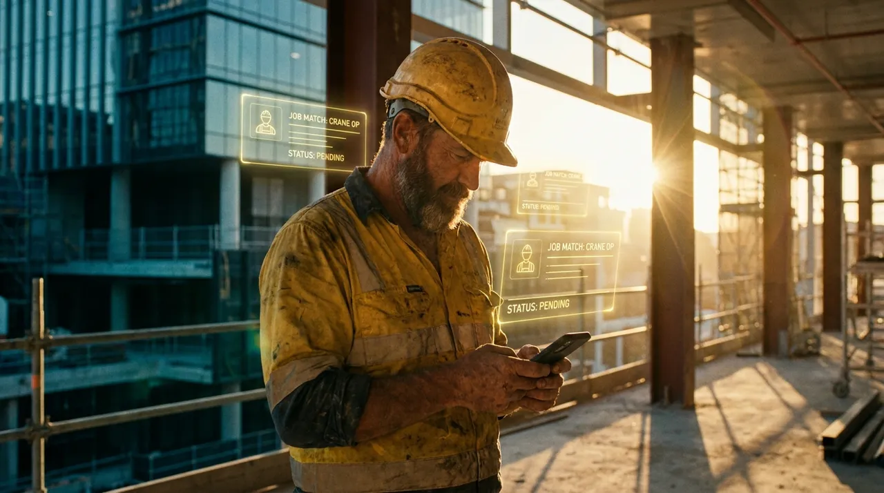 A labourer on an upper floor of a Sydney build checking job offers on his phone, deciding which labour hire shift to accept and which to knock back