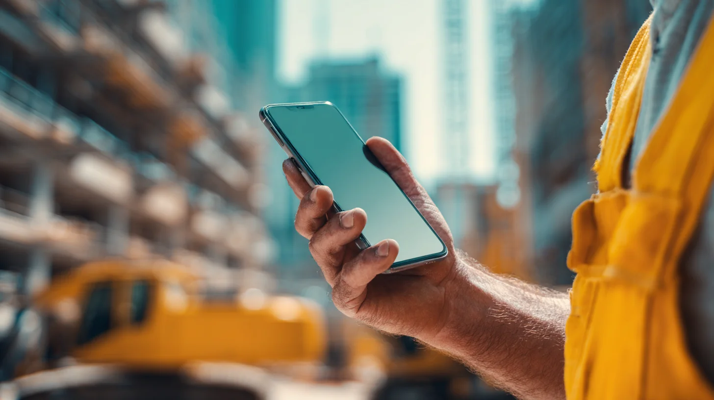 Construction worker checking a shift confirmation on his phone on site