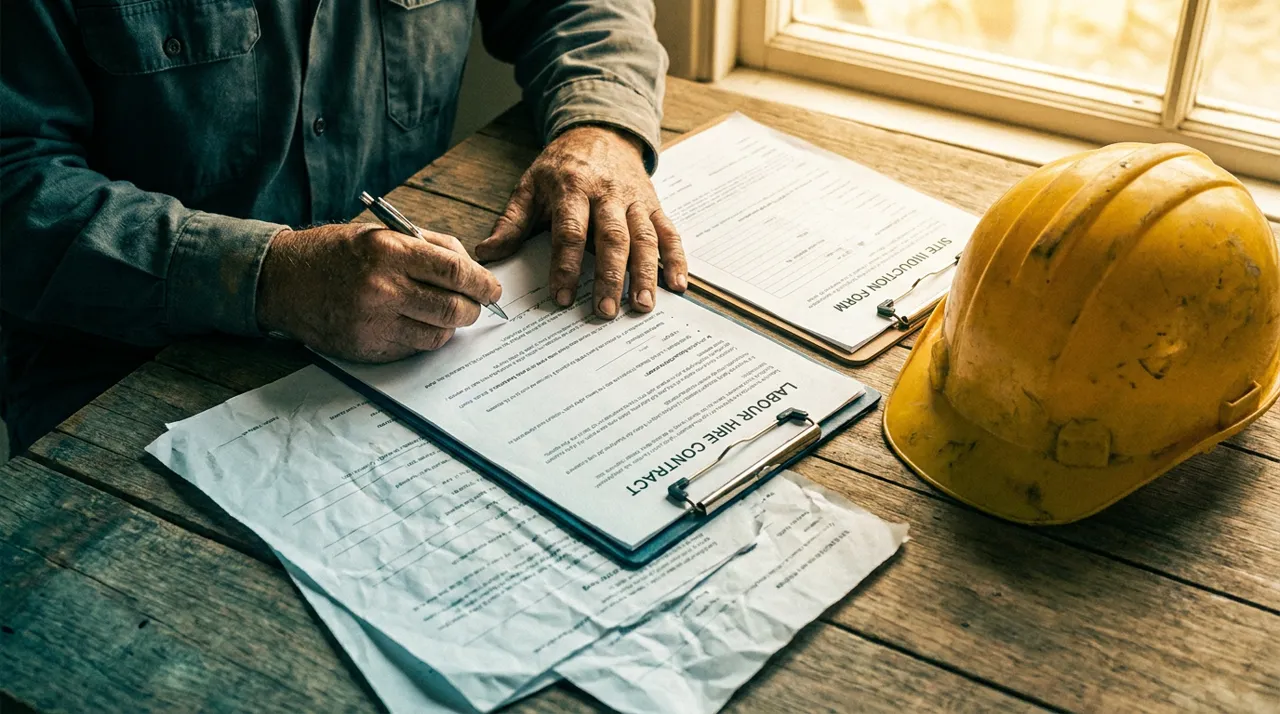 Top-down view of a worker's weathered hands signing a NSW workers compensation certificate of capacity employment declaration