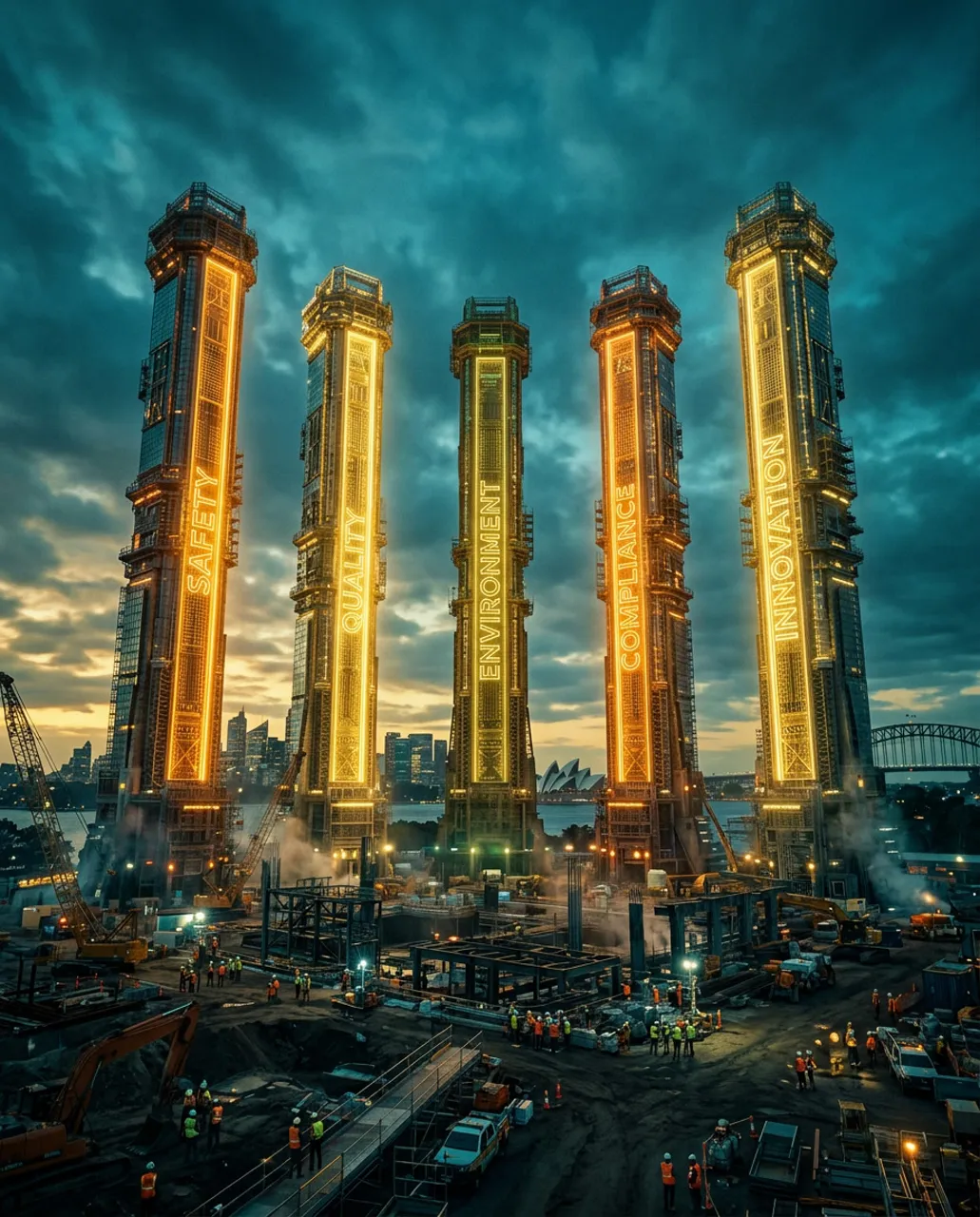 Five towering golden columns rising like skyscrapers against an overcast sky, a visual stand-in for the pathways into an Australian trade career